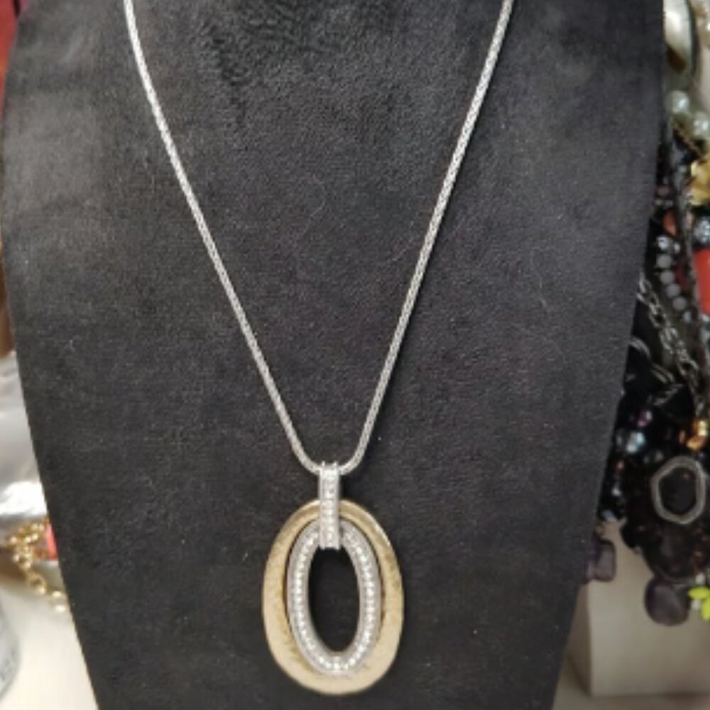 Retired Brighton Uptown Shine Reversible Silver Gold Oval Pendant Necklace 16"